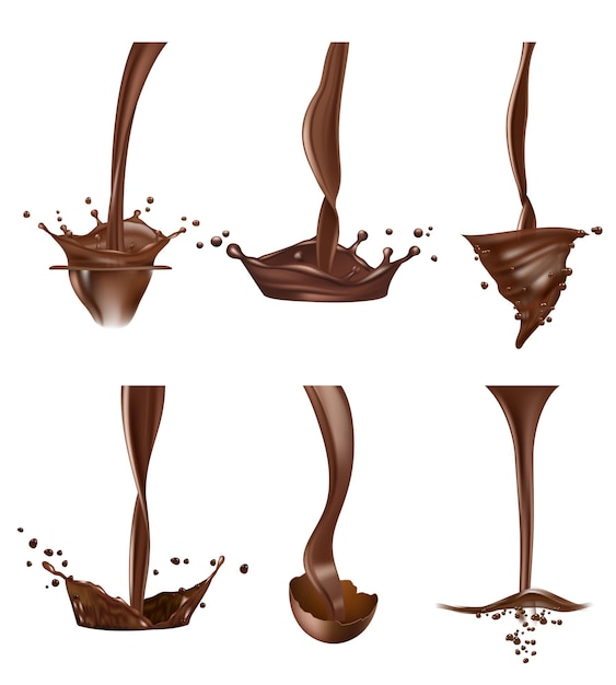 Chocolade spatten. stream vloeibare heerlijke chocolade druppels hete saus vector realistisch. chocolade cacao druppel, stream heerlijke vloeibare illustratie