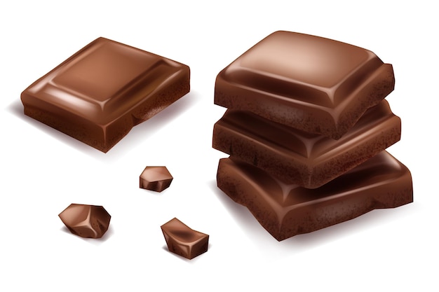 Vector chocolade stukken schilfers d realistische vector set horizontale en verticale splash van chocolade