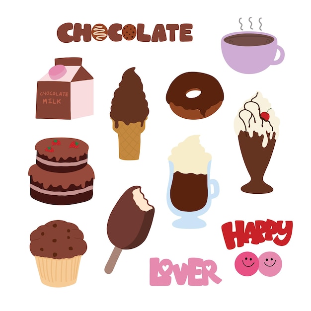 Vector chocoladedag iconen waaronder warme chocolademelk doos ijs donut cake cupcake milkshake