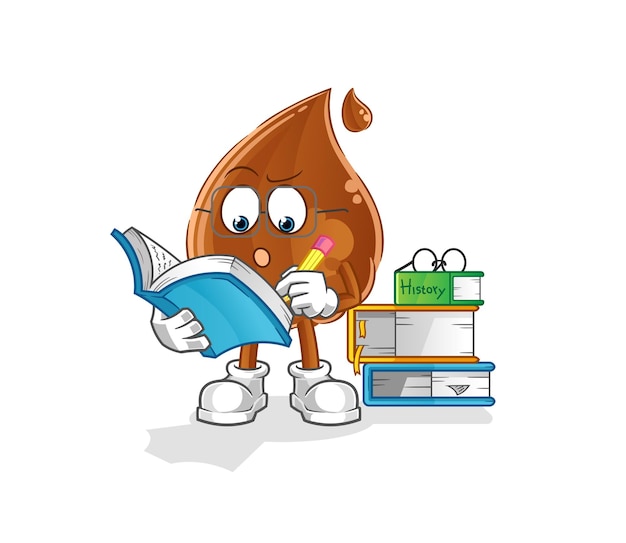 Chocoladedruppel die mascotte bestudeert. cartoon vector