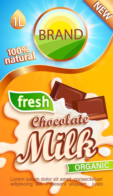 Chocolademelk label voor uw merk. natuurlijke en verse drank, chocoladestukjes in een melk splash.