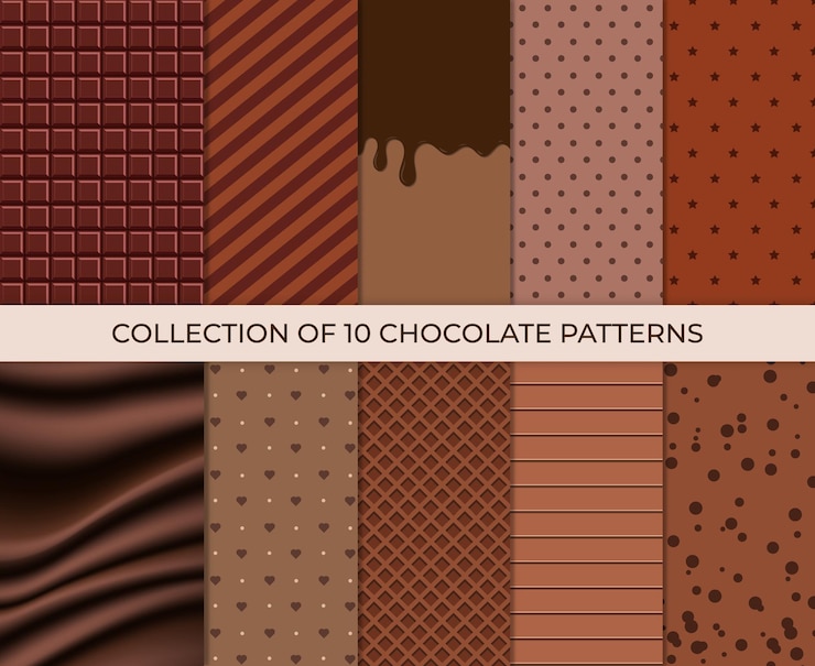 Vector chocoladepatronen set heldere voedselkaarten set van chocolade en choco glazuur chocolade glazuur patroon achtergrond vectorillustratie