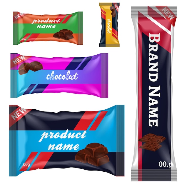 Chocoladereep van candy bar set geïsoleerd op witte achtergrond