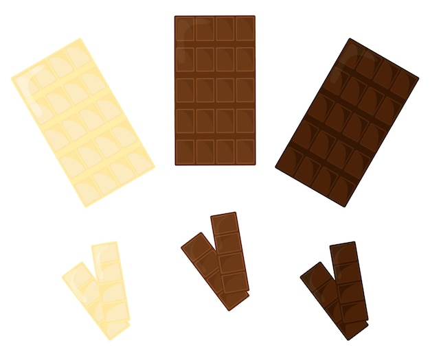 Vector chocoladerepen set geïsoleerd op een witte achtergrond. collectie witte, melk en donkere chocoladestukjes. vector illustratie.