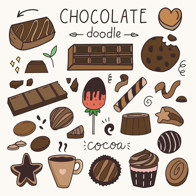 Chocoladetaart en snacks sticker tekening set cartoon doodle kunst illustratie