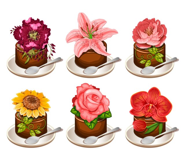 Vector chocoladetaart met bloemen op een glasplaat