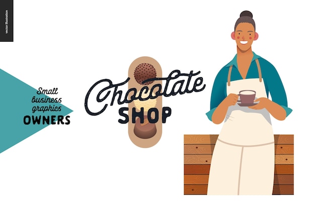 Chocoladewinkel kleine ondernemers grafische eigenaar met een beker Moderne platte vector concept illustraties jonge vrouw met witte schort staande bij de houten toonbank Winkel logo