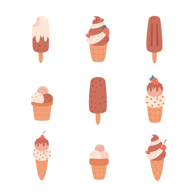 Коллекция шоколадного и ванильного мороженого. конус мороженого, леденец на палочке, мороженое в чашке. лето