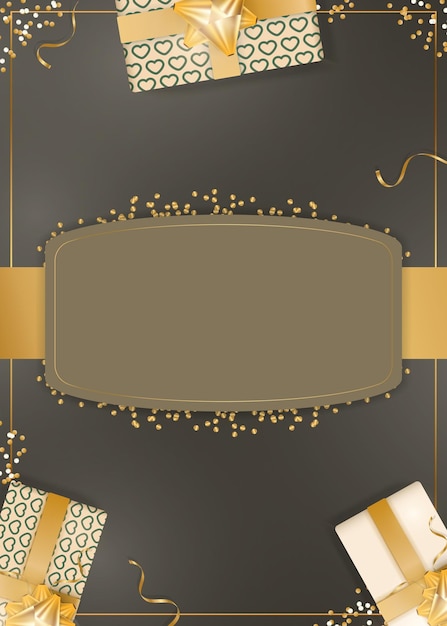 Chocolate background with realistic champagne color gift boxes, gold ribbons and bow. background with space for text. vector illustration.