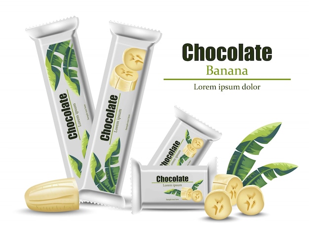 Chocolate banana packaging realistic. Brand logo designs