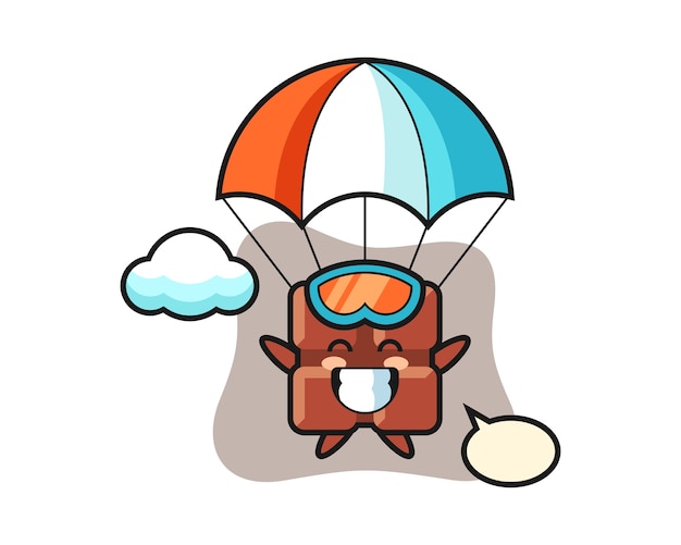 Chocolate bar mascot cartoon is skydiving with happy gesture, cute kawaii style.