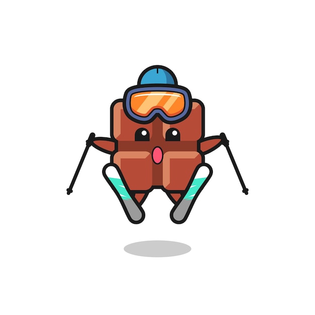 Personaggio mascotte della barretta di cioccolato come giocatore di sci, design in stile carino per maglietta, adesivo, elemento logo