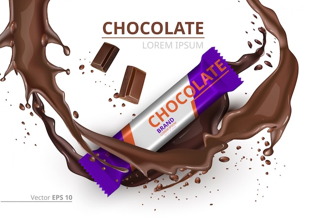 Chocolate bar realistic Mock up Vector label design. Splash and chocolate drops background