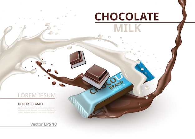 現実的なミルクとチョコレートバーモックアップベクトルラベルのデザイン。スプラッシュとチョコレートドロップの背景