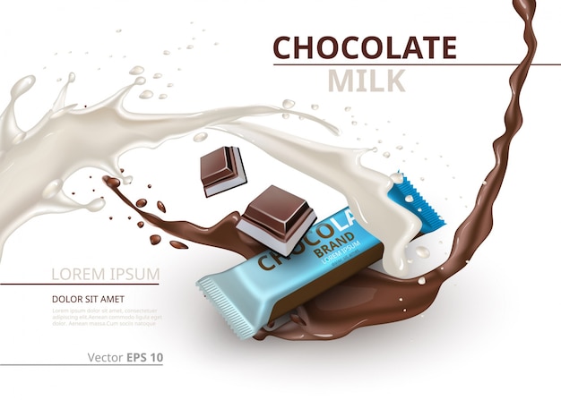 Barra di cioccolato con latte realistico mock up design di etichetta vettoriale. splash e cioccolato gocce sfondo