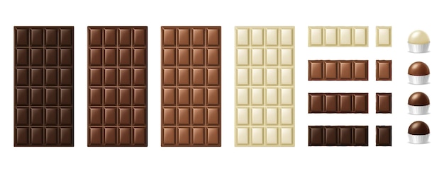 Chocolate bars, pieces and candies. Realistic dark chunks of milky dark and white chocolate, 3D blocks of cocoa dessert. Sweet delicious snacks set. Vector illustration