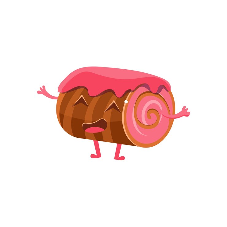 Vector chocolate biscuit roll with strawberry jam sweet dessert pastry childish cartoon character