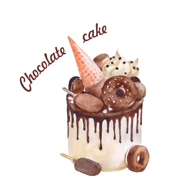 Vector chocolate cake, dessert, watercolor food