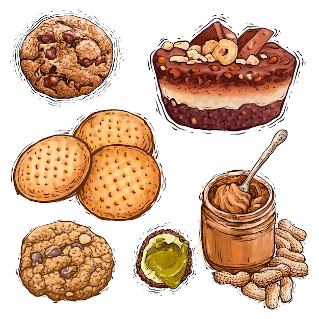 Vector chocolate cake peanut butter pistachio praline and regal biscuit dessert watercolor illustration