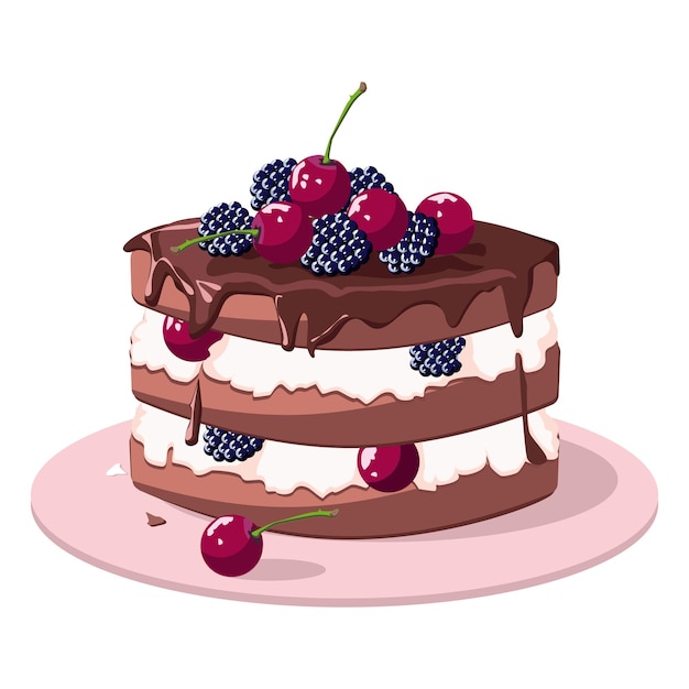 Vector chocolate cake with cherries blackberries sweets cartoon illustration isolated on white background