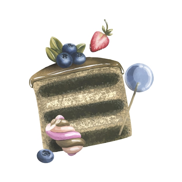 Vettore torta al cioccolato con glassa rosa marshmallow meringa e fragole illustrazione acquerello mano