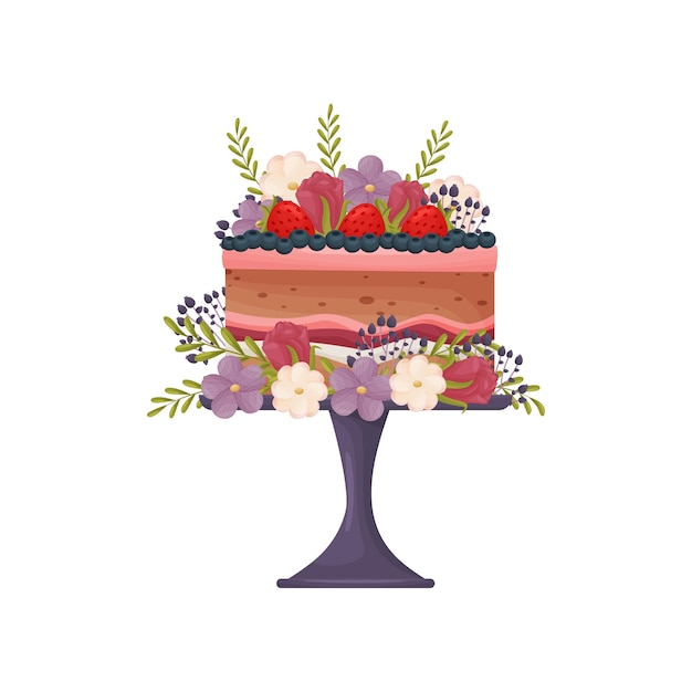 벡터 빨간색 버건디와 흰색 크림이 포함된 초콜릿 케이크 꽃 딸기와 블루베리로 장식되어 있습니다. 흰색 배경에 다리 벡터 그림이 있는 보라색 스탠드에