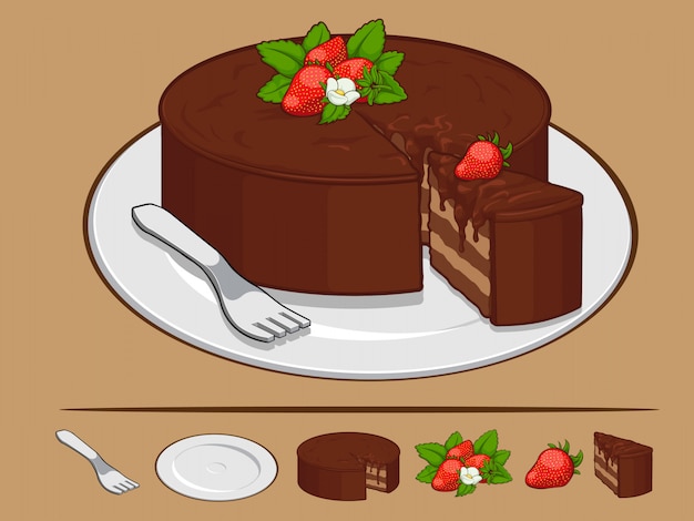 Вектор Шоколадный торт с клубникой на тарелке