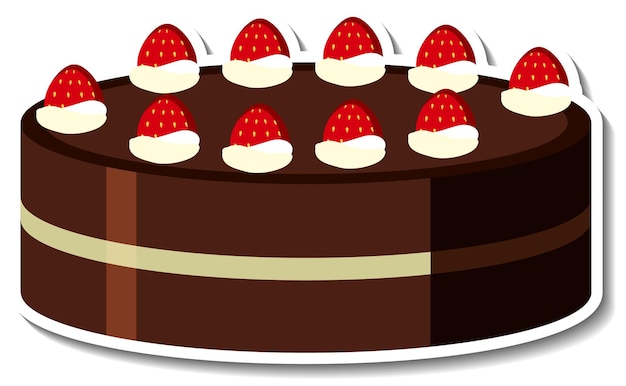 Chocolate cake with strawberry sticker isolated on white background