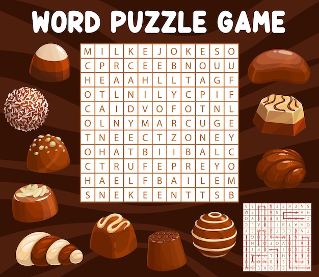 Caramelle al cioccolato, dolci, gioco di puzzle di ricerca di parole