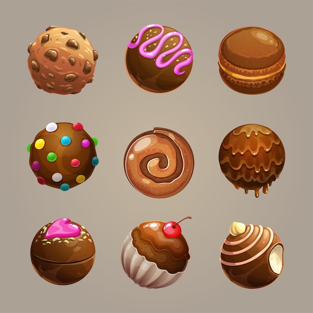 Vector chocolate candy balls set round glazed sweet assets for game design