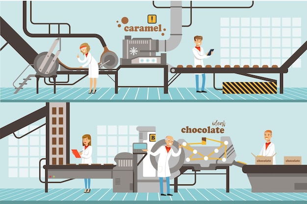 Chocolate and caramel factory production lines set sweets confectionery industry equipment vector illustration