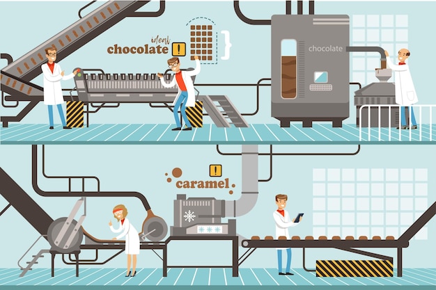 Vettore processo di produzione della fabbrica di cioccolato e caramello set di dolci industria della dolcieria attrezzatura illustrazione vettoriale