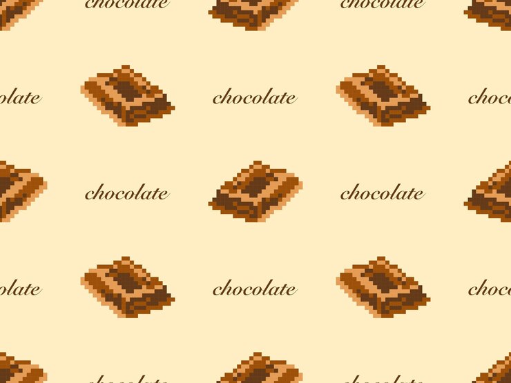Vector chocolate cartoon character seamless pattern on yellow background pixel style