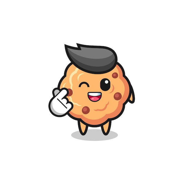 Chocolate chip cookie character doing Korean finger heart cute design