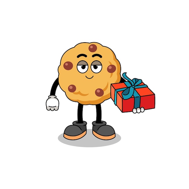 Chocolate chip cookie mascot illustration giving a gift character design