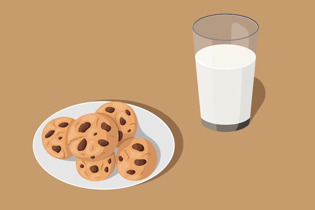 Vettore biscotti al cioccolato e un bicchiere di latte. illustrazione in stile piatto