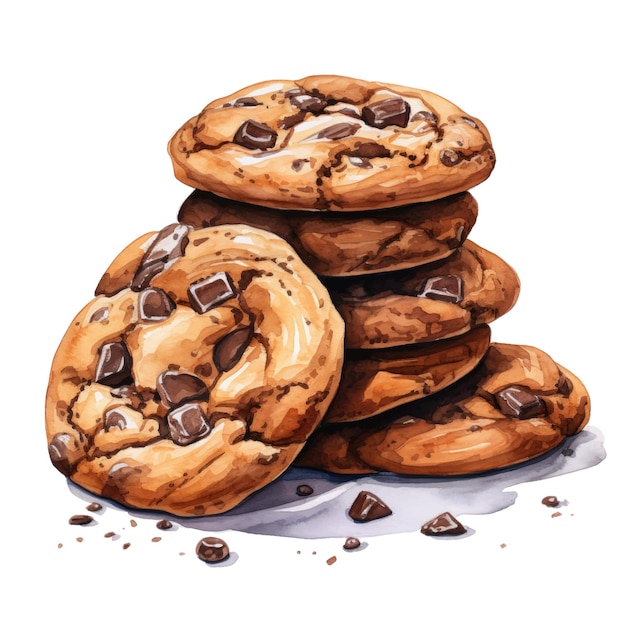 Chocolate chip cookies isolated on white background Watercolor illustration