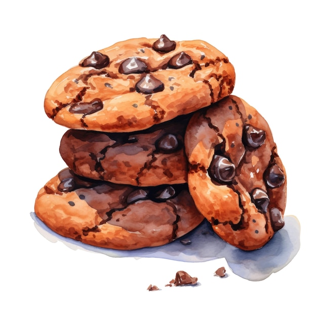 Chocolate chip cookies isolated on white background Watercolor illustration