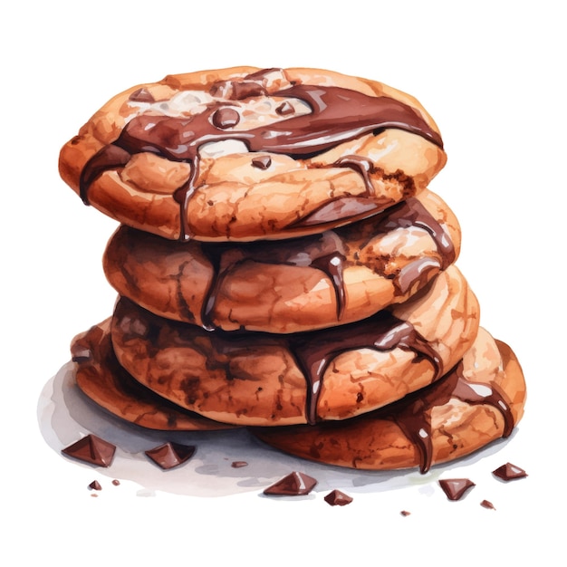 Chocolate chip cookies isolated on white background Watercolor illustration