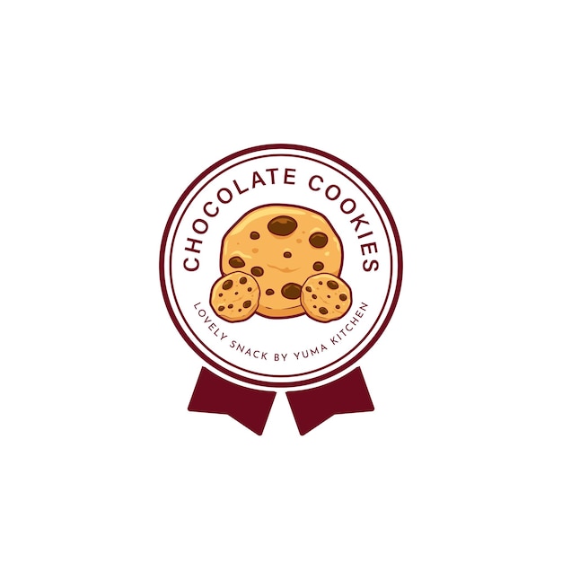 サークル エンブレム バッジ リボンのチョコレート チップ クッキーのロゴ アイコン イラスト