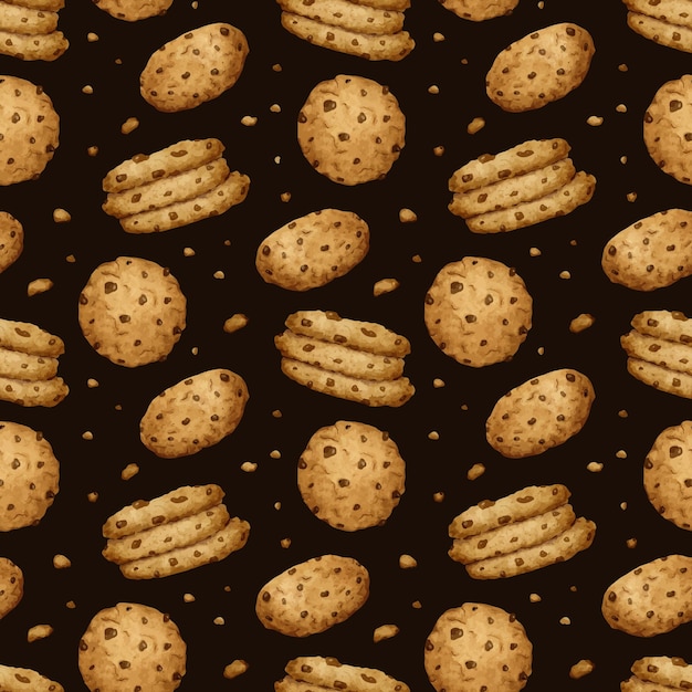 チョコレートチップクッキーの手描きの無縫パターン 伝統的なアメリカの自家製ビスケットの背景 ラベルのデザイン 商品のパッケージ カード ベイクハウス ベイクショップ