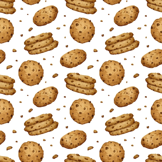 Vector chocolate chip cookies waterverf met de hand getekend naadloos patroon achtergrond van traditionele amerikaanse zelfgemaakte koekjes druk voor het ontwerp van etiketten verpakking van goederen kaarten voor bakkershuis bakkerswinkel