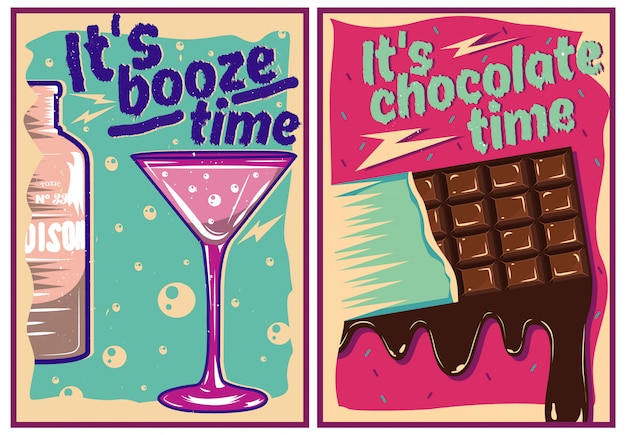 Chocolate and cocktail posters in vintage style