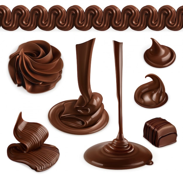 Vector chocolate, cocoa butter, whipped cream, pastry and desserts, vector objects