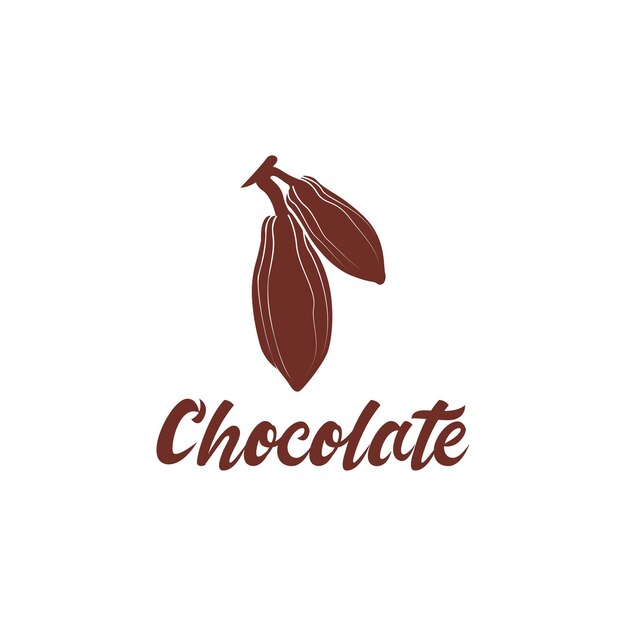Cioccolato, frutti di cacao appesi a un ramo, modello di logo. fave di cacao al cioccolato, baccello di cacao e cacao vegetale, disegno vettoriale. natura e cibo, illustrazione