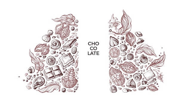 Chocolate and cocoa template art sketch of fruit bean candy aroma cacao powder vintage graphic