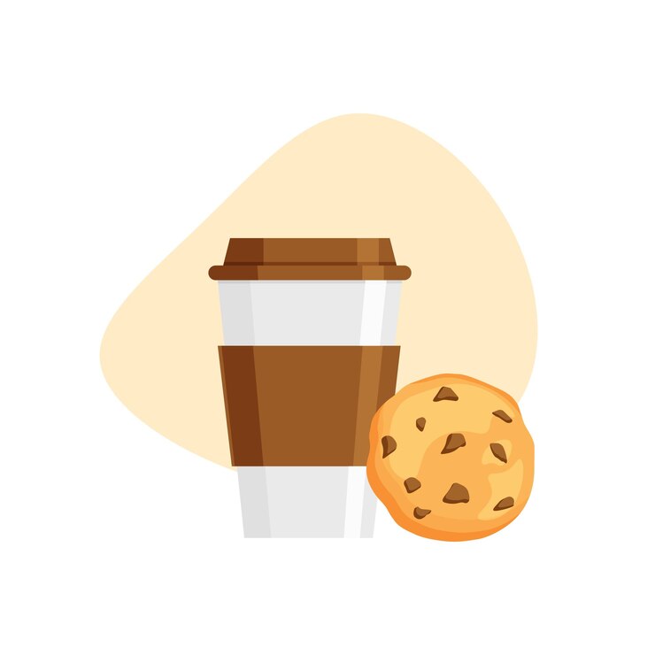 Vector chocolate cookie with crumbs and coffee icon in trendy flat style. drink take away.