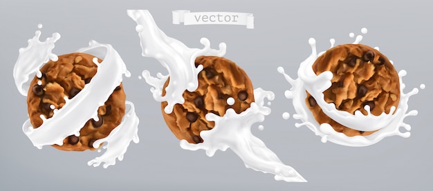 Biscotti al cioccolato e spruzzi di latte. icona realistica 3d