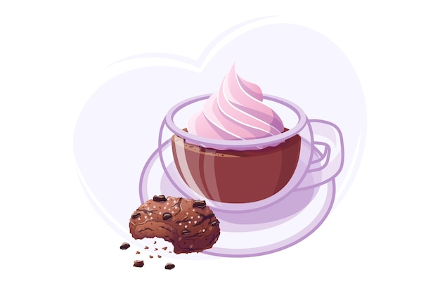 Vettore biscotti al cioccolato e tazza con cacao caldo in stile cartone animato su sfondo viola illustrazione vettoriale