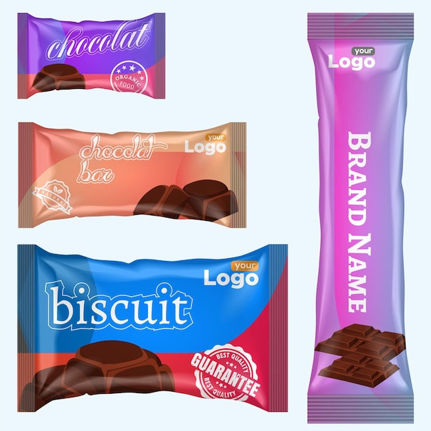 チョコレートクッキーのパックとチョコラートバーのパック ビスケット チップス パッケージデザイン